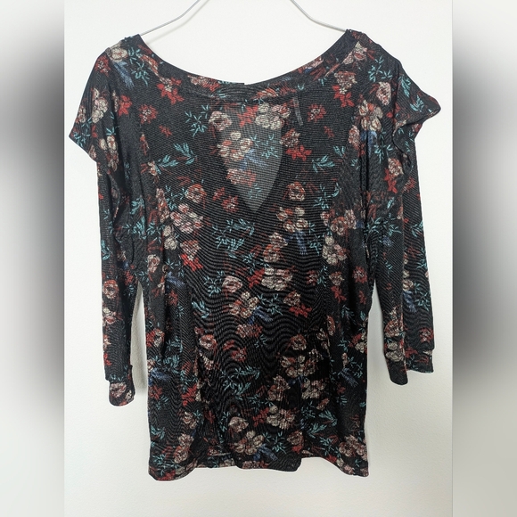 Free People EUC Womens Size Xs 3/4 Sleeve Floral Black Red Blouse Shirt Top Boho - Picture 3 of 14